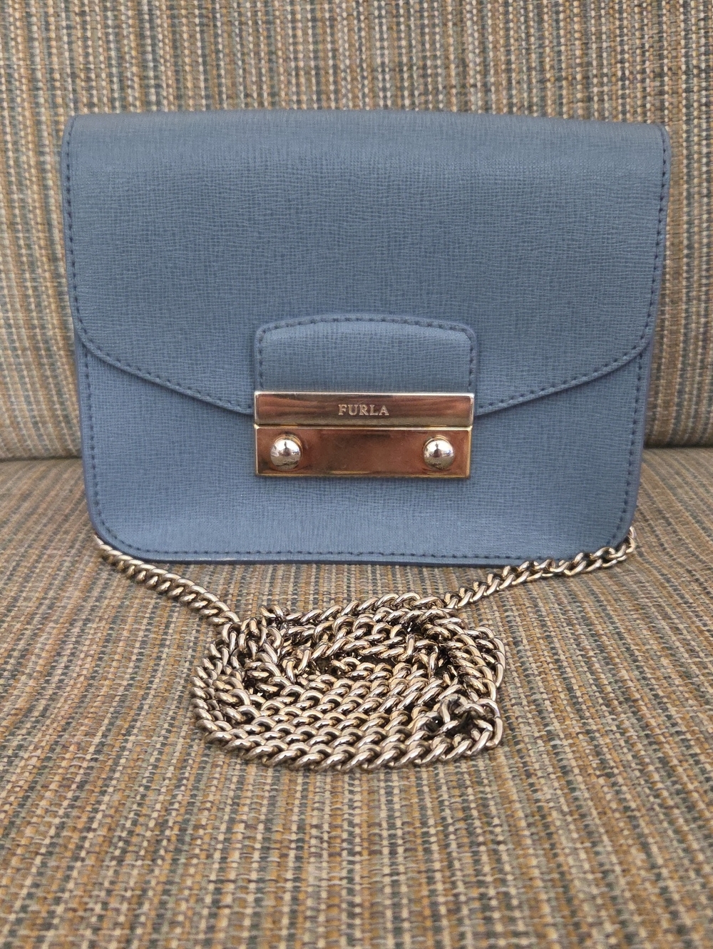 Furla Dusty Blue & Gray Leather Mini Crossbody with Silver Chain - Picture 2 of 11